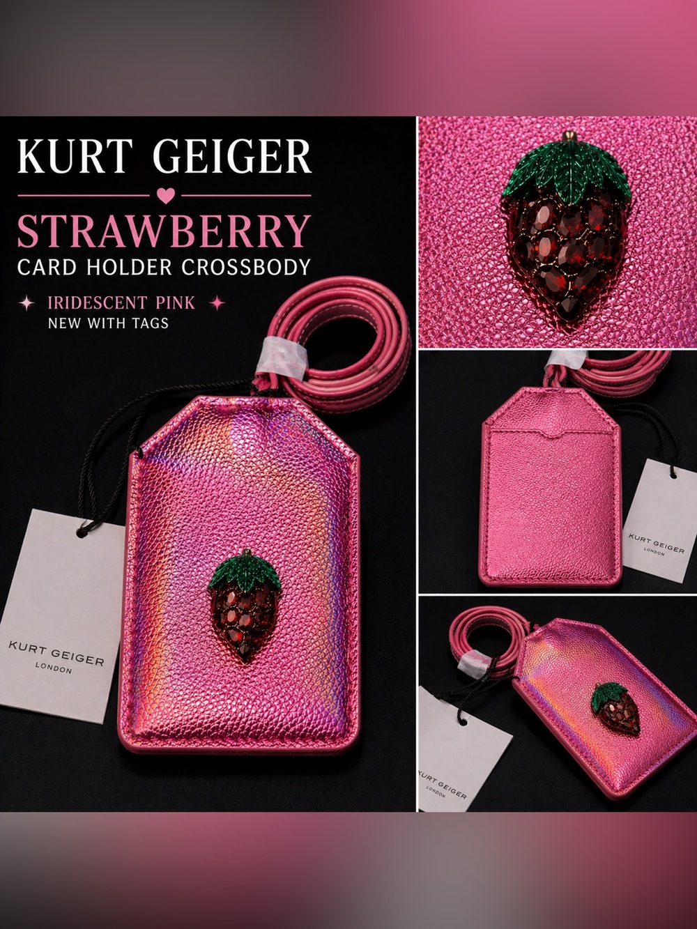 Kurt Geiger Strawberry Card Holder Crossbody Iridescent Pink NWT